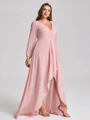 A-line V-neck Long Sleeves Pleated Asymmetrical Chiffon Plus Size Bridesmaid Dress