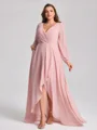 A-line V-neck Long Sleeves Pleated Asymmetrical Chiffon Plus Size Bridesmaid Dress