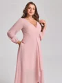 A-line V-neck Long Sleeves Pleated Asymmetrical Chiffon Plus Size Bridesmaid Dress