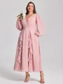 A-line V-neck Long Sleeves Ruffles Tea-Length Chiffon Corset Plus Size Bridesmaid Dress