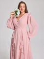 A-line V-neck Long Sleeves Ruffles Tea-Length Chiffon Corset Plus Size Bridesmaid Dress