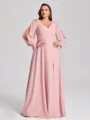 A-line V-neck Long Sleeves Bow Floor-Length Chiffon Plus Size Bridesmaid Dress