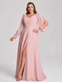 A-line V-neck Long Sleeves Bow Floor-Length Chiffon Plus Size Bridesmaid Dress