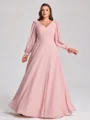A-line V-neck Long Sleeves Bow Floor-Length Chiffon Plus Size Bridesmaid Dress