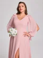 A-line V-neck Long Sleeves Bow Floor-Length Chiffon Plus Size Bridesmaid Dress