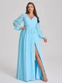 A-line V-neck Long Sleeves Sash/Ribbon/Belt Floor-Length Chiffon Plus Size Bridesmaid Dress