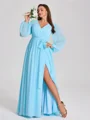 A-line V-neck Long Sleeves Sash/Ribbon/Belt Floor-Length Chiffon Plus Size Bridesmaid Dress