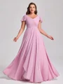 A-line V-neck Short Sleeves Ruffles Floor-Length Chiffon Plus Size Bridesmaid Dress