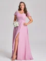 A-line V-neck Short Sleeves Ruffles Floor-Length Chiffon Plus Size Bridesmaid Dress
