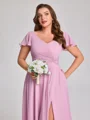 A-line V-neck Short Sleeves Ruffles Floor-Length Chiffon Plus Size Bridesmaid Dress