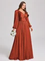 A-line V-neck Long Sleeves Pleated Floor-Length Satin Chiffon Plus Size Bridesmaid Dress