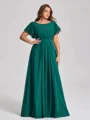 A-line Scoop Short Sleeves Pleated Floor-Length Chiffon Plus Size Bridesmaid Dress