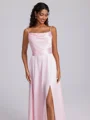 A-line Spaghetti Straps Pleated Floor-Length Silk Like Satin Bridesmaid Dress