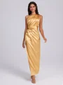 Sheath One-Shoulder Pleated Ankle-Length Silk Like Satin Bridesmaid Dress