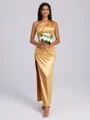 Sheath One-Shoulder Pleated Ankle-Length Silk Like Satin Bridesmaid Dress
