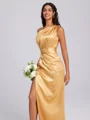 Sheath One-Shoulder Pleated Ankle-Length Silk Like Satin Bridesmaid Dress