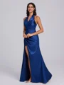 Sheath Halter Pleated Floor-Length Silk Like Satin Bridesmaid Dress