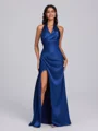Sheath Halter Pleated Floor-Length Silk Like Satin Bridesmaid Dress