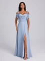 A-line Cold Shoulder Pleated Floor-Length Chiffon Bridesmaid Dress