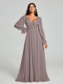 A-Line/Princess V-neck Sweep/Brush Train Long Sleeves Chiffon Bridesmaid Dress