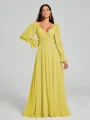 A-Line/Princess V-neck Sweep/Brush Train Long Sleeves Chiffon Bridesmaid Dress