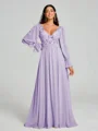 A-Line/Princess V-neck Sweep/Brush Train Long Sleeves Chiffon Bridesmaid Dress