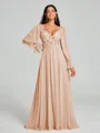 A-Line/Princess V-neck Sweep/Brush Train Long Sleeves Chiffon Bridesmaid Dress