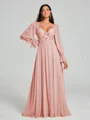 A-Line/Princess V-neck Sweep/Brush Train Long Sleeves Chiffon Bridesmaid Dress