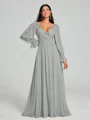 A-Line/Princess V-neck Sweep/Brush Train Long Sleeves Chiffon Bridesmaid Dress