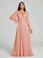A-Line/Princess V-neck Sweep/Brush Train Long Sleeves Chiffon Bridesmaid Dress