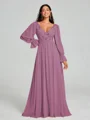 A-Line/Princess V-neck Sweep/Brush Train Long Sleeves Chiffon Bridesmaid Dress