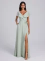 A-line V-neck Short Sleeves Sash/Ribbon/Belt Floor-Length Chiffon Bridesmaid Dress