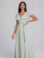 A-line V-neck Short Sleeves Sash/Ribbon/Belt Floor-Length Chiffon Bridesmaid Dress