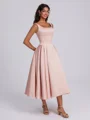 A-line Square Tea-Length Satin Corset Bridesmaid Dress