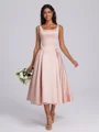 A-line Square Tea-Length Satin Corset Bridesmaid Dress
