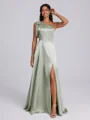 A-line One-Shoulder Bow Floor-Length Silk Like Satin Corset Bridesmaid Dress