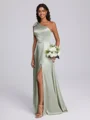 A-line One-Shoulder Bow Floor-Length Silk Like Satin Corset Bridesmaid Dress