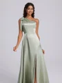 A-line One-Shoulder Bow Floor-Length Silk Like Satin Corset Bridesmaid Dress