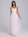A-line Halter Pleated Floor-Length Tulle Corset Bridesmaid Dress