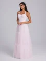 A-line Halter Pleated Floor-Length Tulle Corset Bridesmaid Dress
