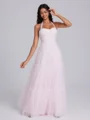 A-line Halter Pleated Floor-Length Tulle Corset Bridesmaid Dress