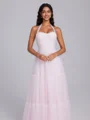A-line Halter Pleated Floor-Length Tulle Corset Bridesmaid Dress