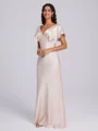 Sheath V-neck Short Sleeves Floor-Length Silk Like Satin Bridesmaid Dress