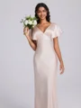 Sheath V-neck Short Sleeves Floor-Length Silk Like Satin Bridesmaid Dress
