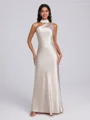 Sheath Halter Pleated Floor-Length Silk Like Satin Bridesmaid Dress