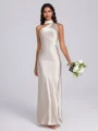 Sheath Halter Pleated Floor-Length Silk Like Satin Bridesmaid Dress
