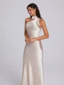 Sheath Halter Pleated Floor-Length Silk Like Satin Bridesmaid Dress