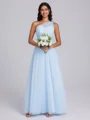 A-line One-Shoulder Pleated Floor-Length Tulle Corset Bridesmaid Dress