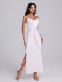 Sheath V-neck Pleated Ankle-Length Silk Like Satin Corset Bridesmaid Dress
