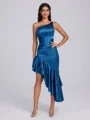 Sheath One-Shoulder Cascading Ruffles Tea-Length Corset Bridesmaid Dress